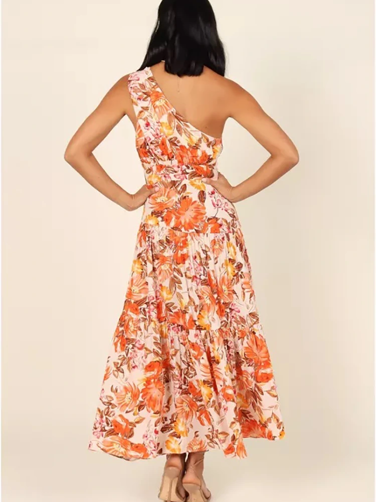 Floral Print One-Shoulder Long Dress